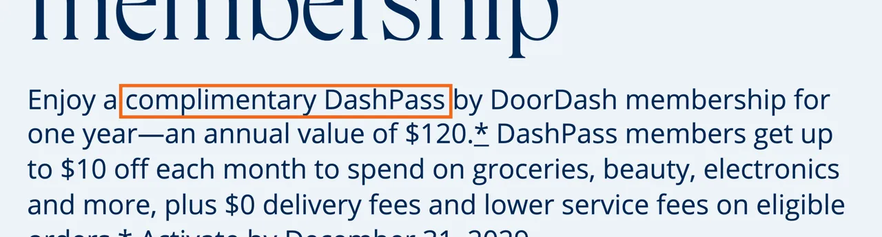 Capture of Chase Sapphire Preferred® Benefits: “Enjoy a complimentary DashPass by DoorDash membership for one year”