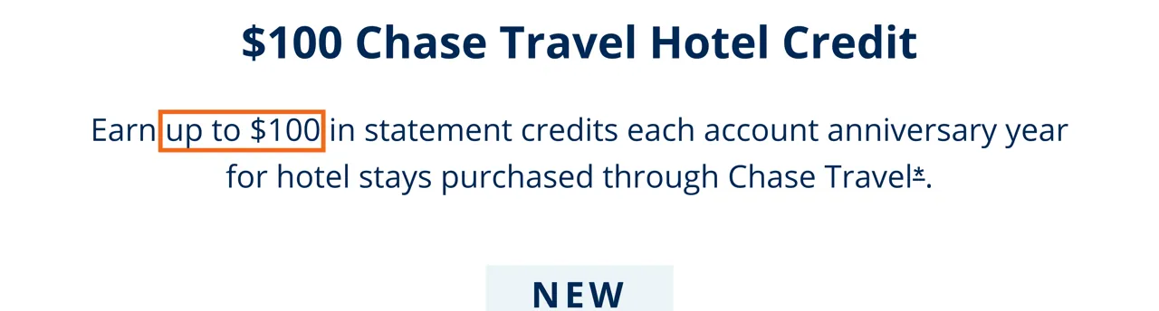 Capture of Chase Sapphire Preferred Credit Card | Chase.com: “Earn up to $100 in statement credits each account anniversary year for hotel stays purchased through Chase Travel”