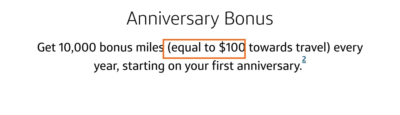 Capture of Venture X Rewards | Capital One: “Get 10,000 bonus miles (equal to $100 towards travel) every year, starting on your first anniversary.”