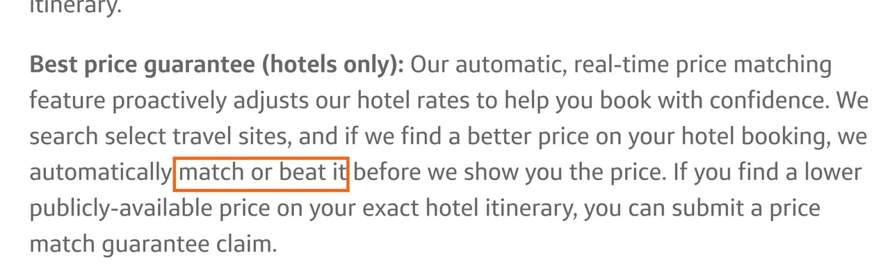 Capture of Capital One Travel: “We search select travel sites, and if we find a better price on your hotel booking, we automatically match or beat it before we show you the price.”