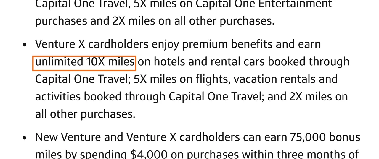 Capture of Capital One Venture vs. Venture X: Compared | Capital One: “Venture X cardholders enjoy premium benefits and earn unlimited 10X miles on hotels and rental cars booked through Capital One Travel; 5X miles on flights, vacation rentals and activities booked through Capital One Travel; and 2X miles on all other purchases.”