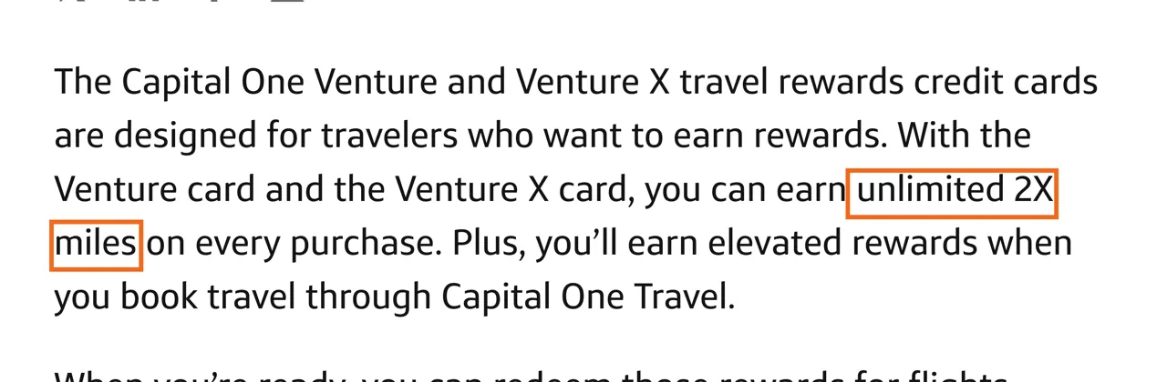 Capture of Capital One Venture vs. Venture X: Compared | Capital One: “With the Venture card and the Venture X card, you can earn unlimited 2X miles on every purchase.”